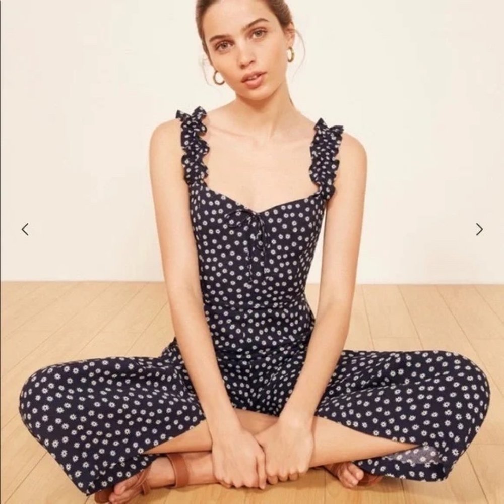 Reformation Moore Wide-leg Cropped Jumpsuit Navy Daisy Print Ruffle Strap